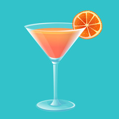 orange juice cocktail punch and orange slice in glass isolated on blue background