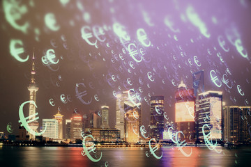 Financial graph on night city scape with tall buildings background double exposure. Analysis concept.
