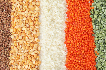 Different types of legumes and cereals as background, top view. Organic grains