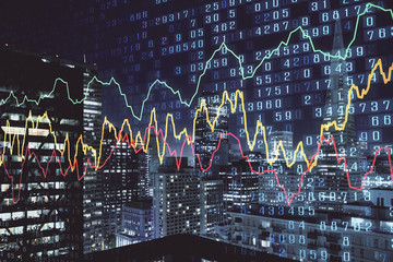 Financial graph on night city scape with tall buildings background multi exposure. Analysis concept.