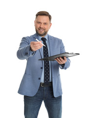 Real estate agent with documents for signing on white background