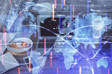 Multi exposure of business theme icons and work space with computer background. Concept of success.