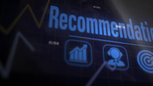 Recommendation business concept on a flashing computer monitor with moving graphs and data.