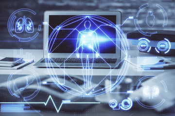 Desktop computer background and education theme drawing. Double exposure. Study concept.