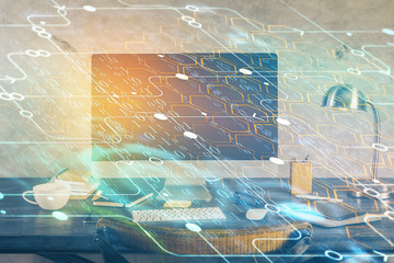 Technology theme drawing and table with computer. Double exposure. Concept of information.