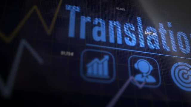 Translation business concept on a flashing computer monitor with moving graphs and data.