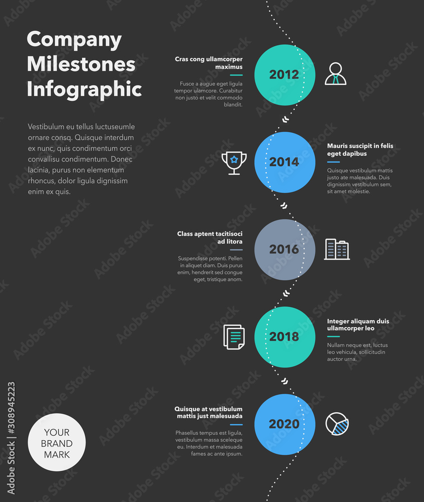 Poster Simple business infographic for company milestones timeline with colorful circles and line icons - dark version. Easy to use for your website or presentation.