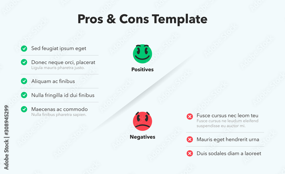 Poster Simple infographic for pros and cons with funny emoji symbols. Easy to use for your website or presentation isolated on light background.pros-cons-template