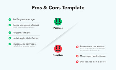 Simple infographic for pros and cons with funny emoji symbols. Easy to use for your website or presentation isolated on light background.pros-cons-template