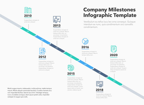 Business infographic for company milestones timeline template with line icons. Easy to use for your website or presentation.