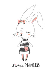 Fototapeta na wymiar Cute girl rabbit character. Little princess. Hand drawn illustration for nursery wall art. Girl baby shower. Design for baby, kids poster, nursery wall art, card, invitaton.