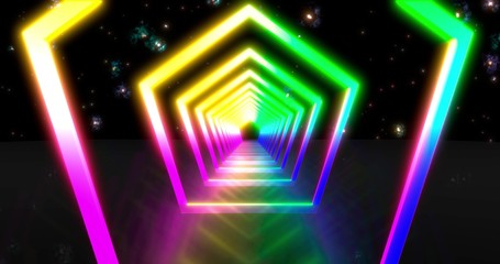 Abstract flying in futuristic disco star corridor. background, fluorescent ultraviolet light, blue pink green spectrum, 3D rendering