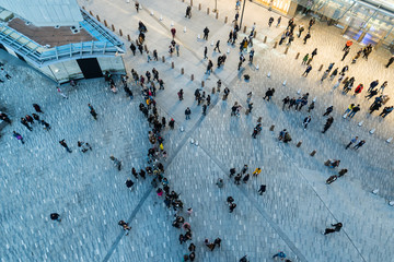 New York, NY - March 15, 2019: People walking around from aerial shot near the hudson yards