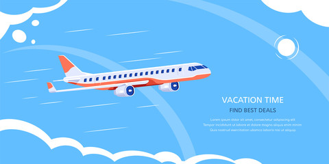 Online flight booking banner design, flat style illustration