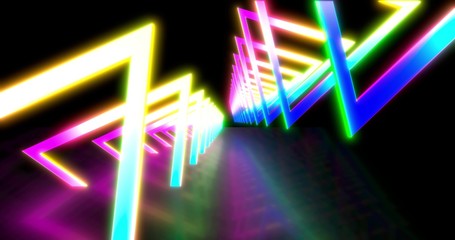 Glowing neon color triangle tunnel. Laser show background. ultraviolet blue purple color spectrum . 3D rendering