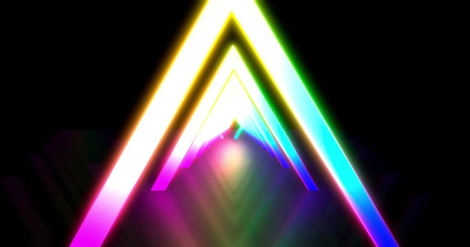 Glowing neon color triangle tunnel. Laser show background. ultraviolet blue purple color spectrum . 3D rendering