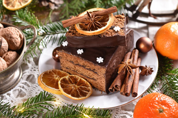 traditional gingerbread cake with chocolate glaze and spices