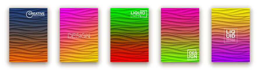 Minimal fluid covers design wall panel. Halftone colorful realistic 3d relief wave design. Future liquid modern interior gypsum stucco relievo patterns. Eps10 vector background set.