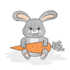 Cute cartoon bunny with carrot. Vector illustration of baby rabbit.