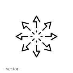 versatile icon, multipurpose capability, function cross, tilt skill, thin line web symbol on white background - editable stroke vector illustration eps10