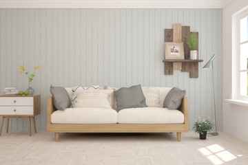 Stylish room in white color with sofa. Scandinavian interior design. 3D illustration