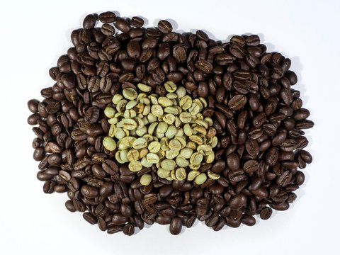 Green and Black coffee beans roasted and raw