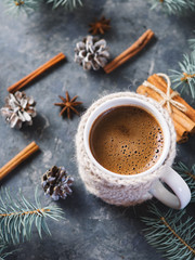 Winter hot aromatic coffee on
