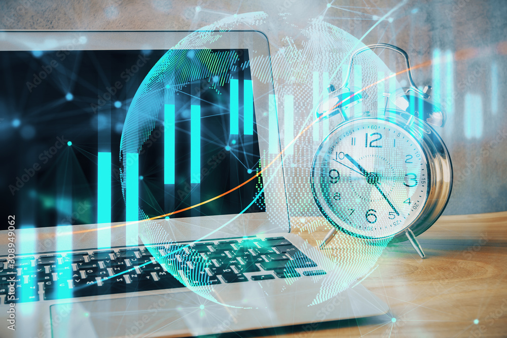 Poster double exposure of forex chart and work space with computer. concept of international online trading