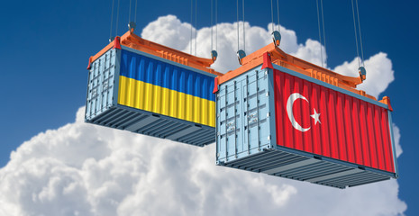 Freight container with Ukraine and Turkey national flag.  3D Rendering