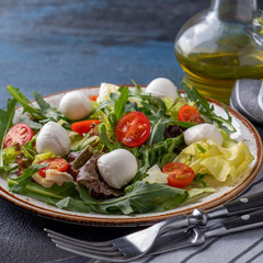 Diet and healthy salad with  tomato, arugula, lettuce and mozzarella cheese on a plate