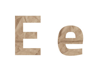 Letter E font alphabet Lettring isolated on white. Crumpled wrapping paper textured effect, crease. Isolate paper uppercase lowercase letter latin english language