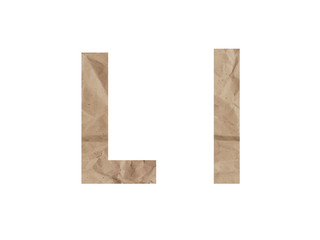 Letter L font alphabet Lettring isolated on white. Crumpled wrapping paper textured effect, crease crack bruising. Isolate paper english