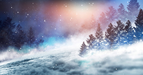 Dark winter forest background at night. Snow, fog, moonlight. Neon figure in the center