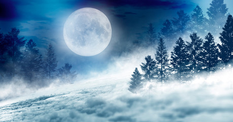Dark winter forest background at night. Snow, fog, moonlight. Neon figure in the center
