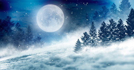 Dark winter forest background at night. Snow, fog, moonlight. Neon figure in the center