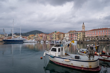 Ancient harbour with fishing boats of Imperia Oneglia, Italy