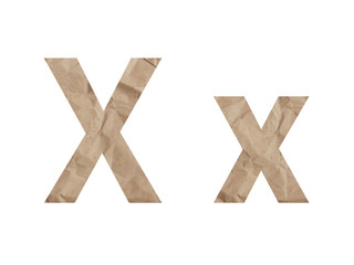 Letter X alphabet font lettring isolated on white. Crumpled wrapping paper textured effect, crease...