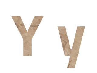 Letter Y font alphabet Lettring isolated on white. Crumpled wrapping paper textured effect, crease crack bruising. Isolate paper uppercase lowercase letter