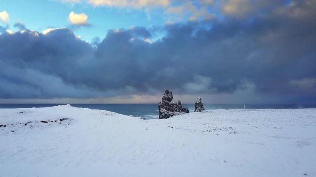 Aerial drone orbit at Londrangar cliffs, Snaefellsnes peninsula, Iceland 