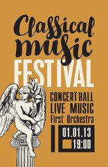 Vector poster for a festival or concert of live classical music with guitar and hand-drawn angel sculpture on a light background in retro style. Live music performed by the orchestra