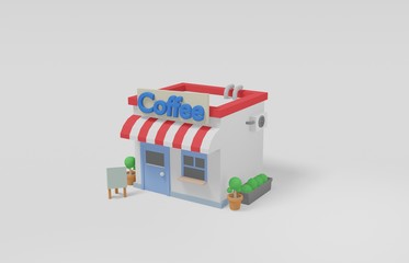 render 3d cute coffee low poly isometric shop and store ,building flowerpot and board landscape geometric scene on white background cute shopping & minimal idea creative concept" 3d illustration"