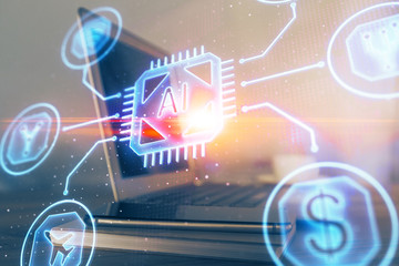 Double exposure of computer and technology theme drawing. Concept of innovation.