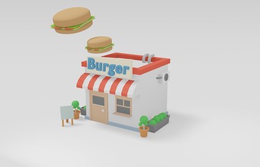 cute burger front isometric shop and store ,low poly building flower pot and board landscape geometric scene on white background cute shopping & minimal idea creative concept