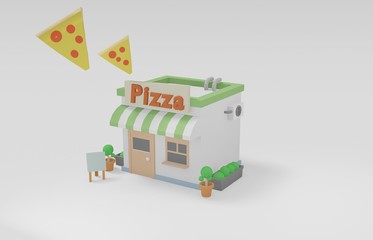 cute pizza front isometric shop and store ,low poly building flower pot and board landscape geometric scene on white background cute shopping & minimal idea creative concept" 3d illustration"