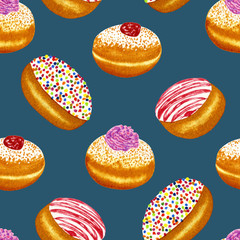 Hand drawn watercolor seamless pattern of colorful donuts (doughnuts), isolated on colorful background. Sufganiyah. Israel pastry. Traditional Hanukkah dessert.