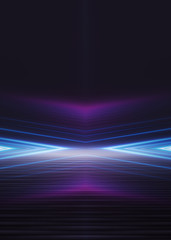 Empty dark abstract background. Background of empty show scene. Glow of neon lights on an empty concert venue. Reflection of light on the pavement.