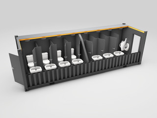 3d Illustration of Converted old shipping container into wc cabine, isolated white