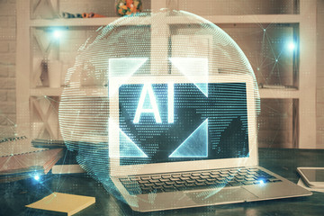 Technology theme drawing and work space with computer. Multi exposure. Concept of innovation.