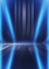 Empty dark abstract background. Background of empty show scene. Glow of neon lights on an empty concert venue. Reflection of light on the pavement.