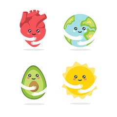 Collection of adorable funny cartoon characters with cute smiling faces and hands isolated on white background - heart, planet Earth, avocado, sun. Flat colorful vector illustration for children.